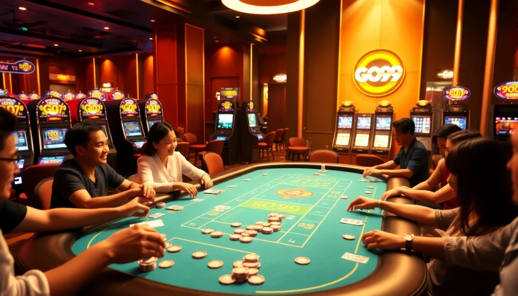 Exciting players engaging at the GO99 casino table filled with vibrant chips and cards.
