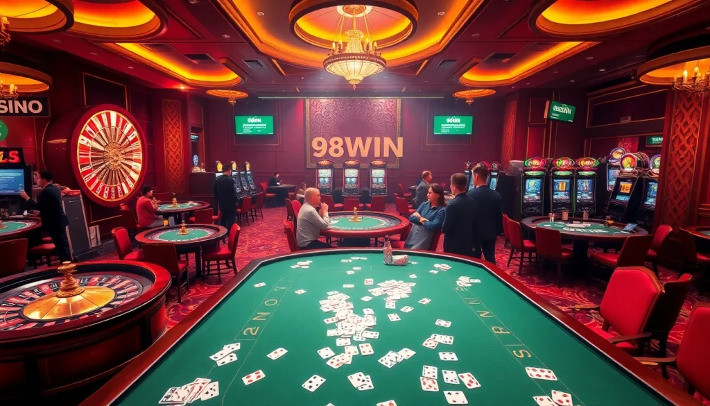 Experience the thrill of 98WIN with players at a vibrant casino table, engaging in various games.