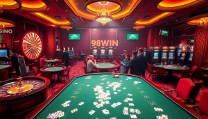 Experience the thrill of 98WIN with players at a vibrant casino table, engaging in various games.