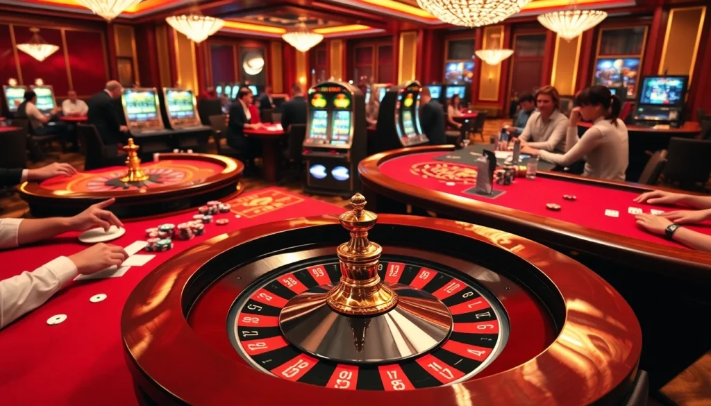 A vibrant iwin club casino scene showcasing players at tables engaging in high-stakes card games and roulette.
