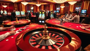 A vibrant iwin club casino scene showcasing players at tables engaging in high-stakes card games and roulette.
