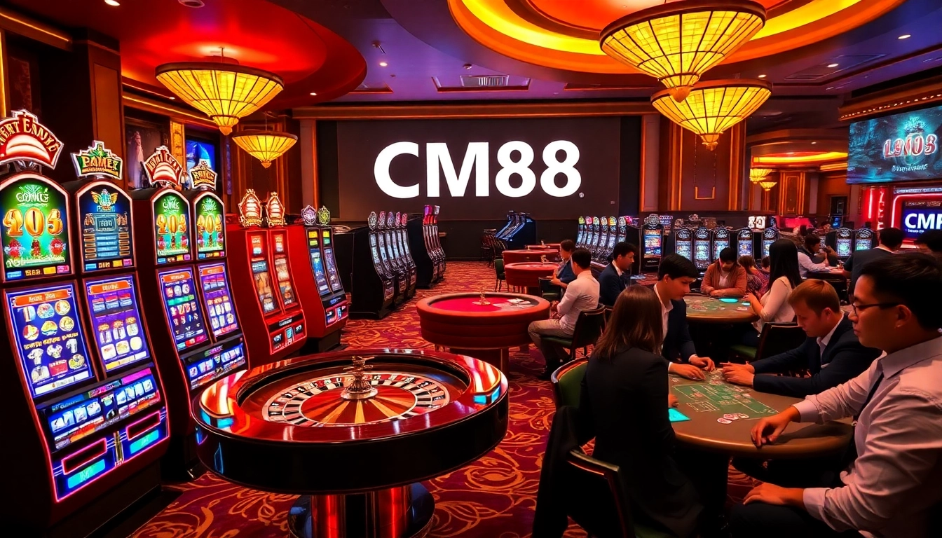 CM88 gaming scene with players engaged at a vibrant casino table and slot machines.