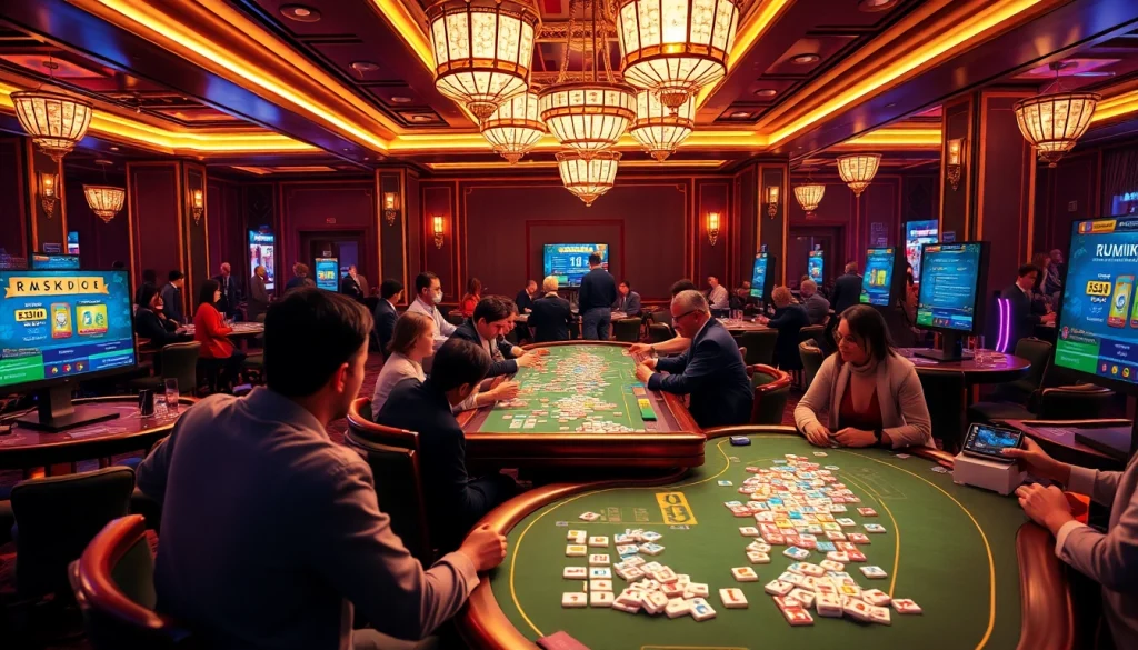 Engage in רמיקוב אונליין at luxurious casino tables with colorful tiles and digital displays.