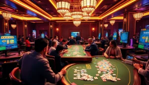 Engage in רמיקוב אונליין at luxurious casino tables with colorful tiles and digital displays.