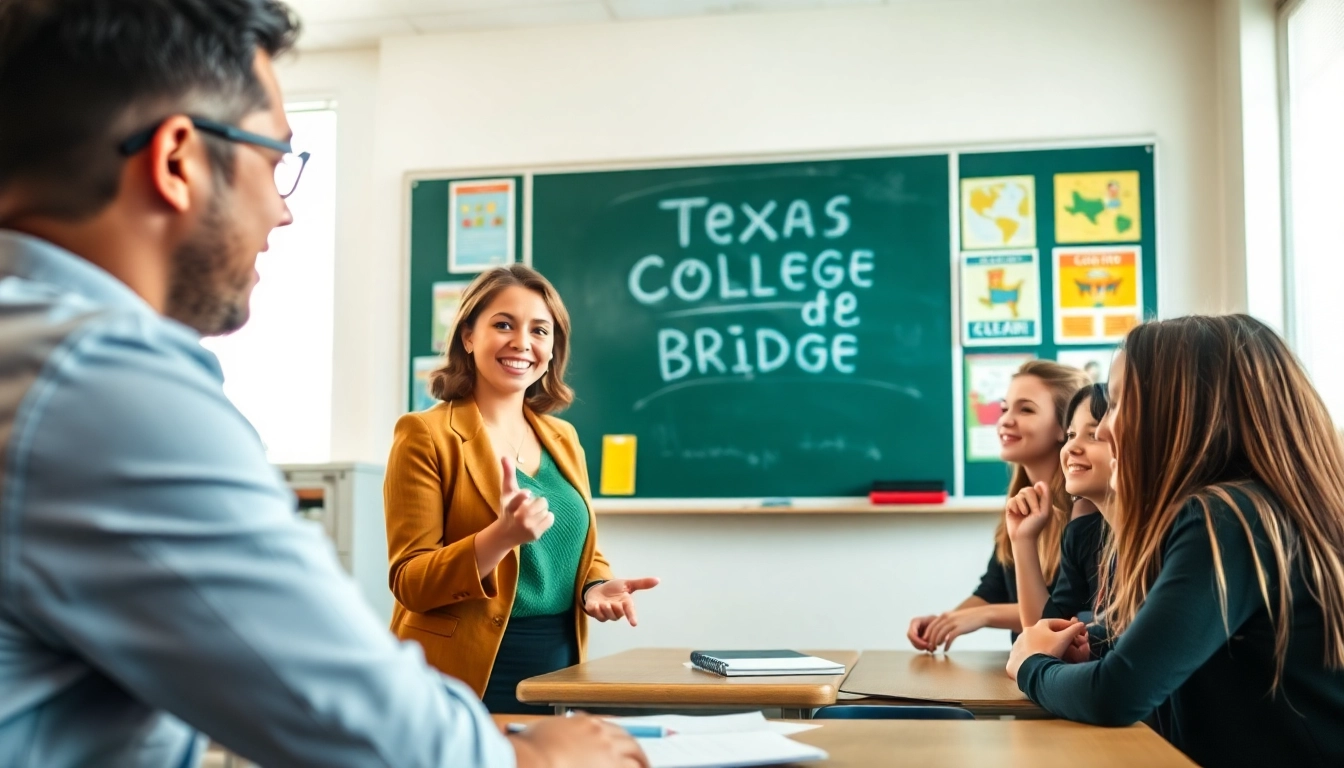 Engaging classroom scene illustrating texas college bridge principles with cheerful students and teachers.