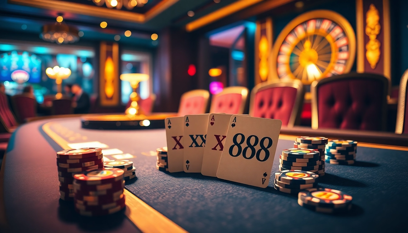 Engaging scene of gamblers at a luxurious poker table featuring xx88 cards and chips.