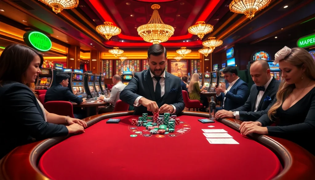 Experience the thrill of gambling at Man88's luxurious casino with vibrant poker tables and exciting games.