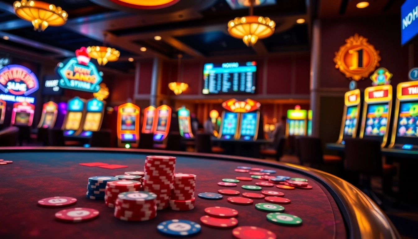 Experience exciting betting at NOHU90 with vibrant casino tables and slot machines.