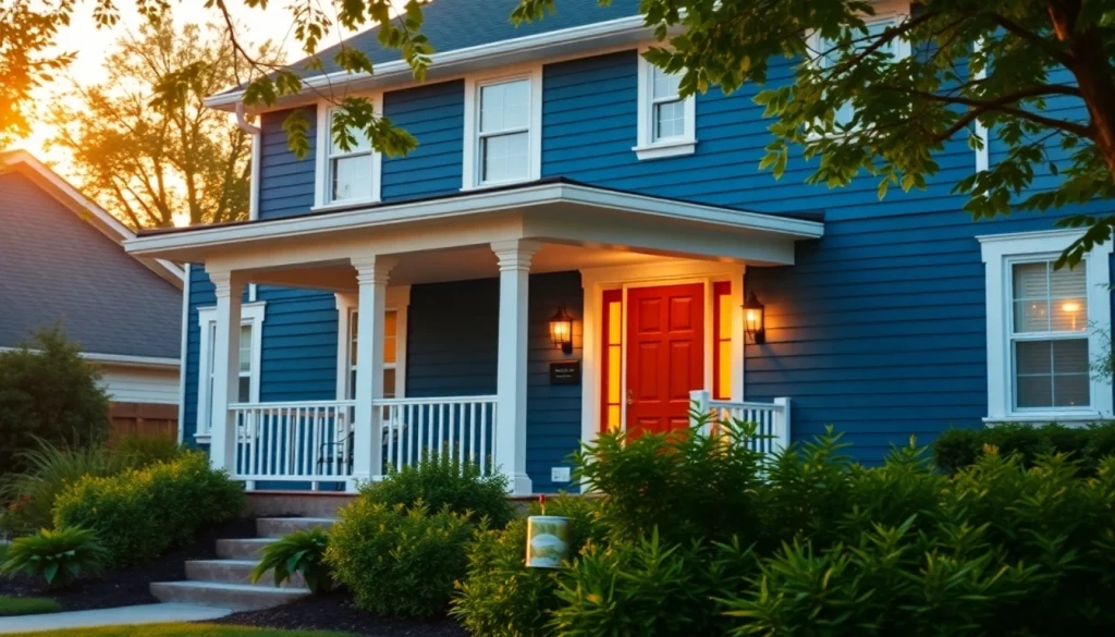 Exterior painting of a stunning suburban home with navy blue and white trim.