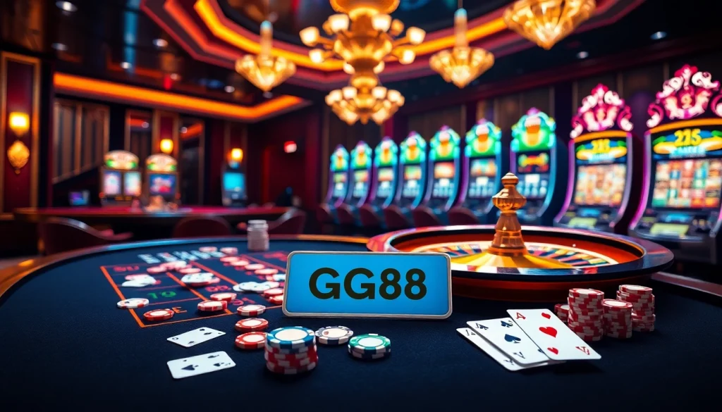 Players engaging in thrilling casino games at GG88, showcasing vibrant slot machines and a roulette wheel.