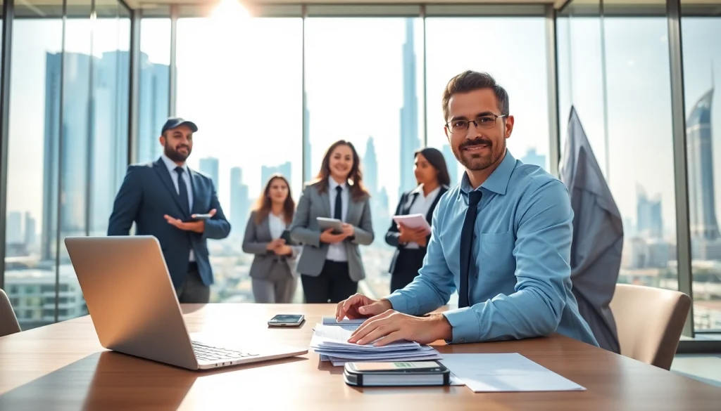 Engaged team working with a Business setup company Dubai in a modern Dubai office.