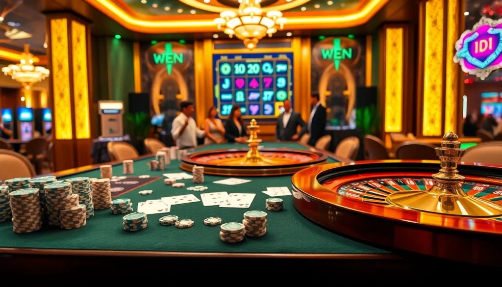 Experience the excitement of idn slot gaming in a luxurious casino setting with vibrant chips and a roulette wheel.