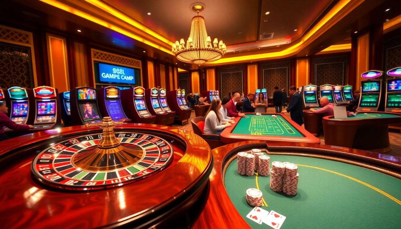s88vip casino scene with vibrant slot machines, poker chips, and roulette wheel, showcasing luxury and excitement.
