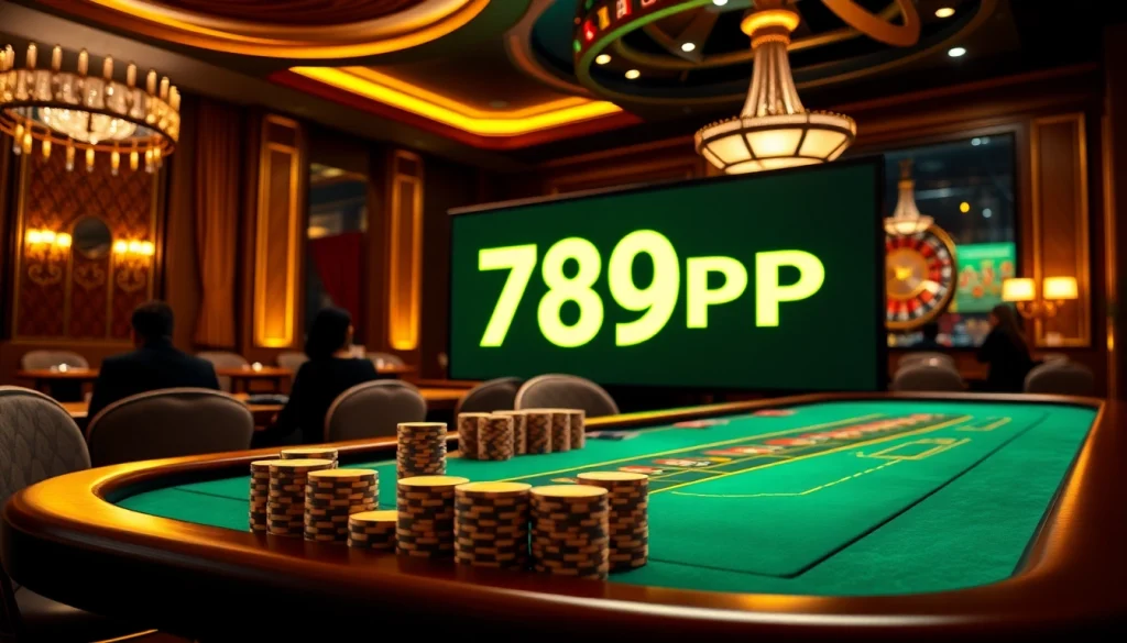 Exciting poker game featuring high-stakes action with 789PP poker chips in an elegant casino setting.
