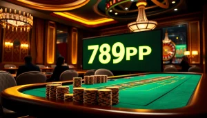 Exciting poker game featuring high-stakes action with 789PP poker chips in an elegant casino setting.