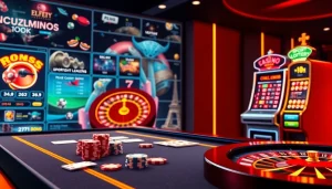 Register for thrilling online gambling with a vibrant casino table, colorful slot machines, and betting options.