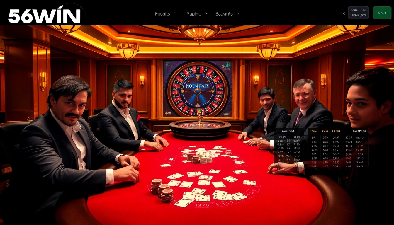 Experience the thrill of poker at Nhà Cái 56WIN with vibrant chips and cards on a luxurious table.