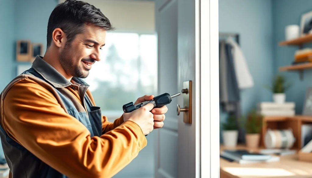 Schlüsseldienst Karlsruhe-Techniker öffnet fachmännisch eine Tür und demonstriert professionelle Schlüsseldienstleistungen.