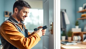 Schlüsseldienst Karlsruhe-Techniker öffnet fachmännisch eine Tür und demonstriert professionelle Schlüsseldienstleistungen.