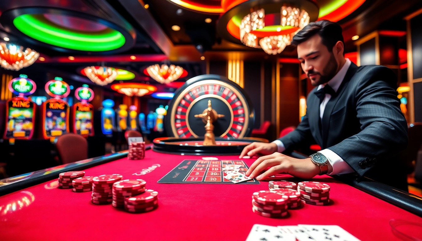 Experience thrilling gaming action with KP88 in a luxurious casino setting featuring vibrant tables and roulette.