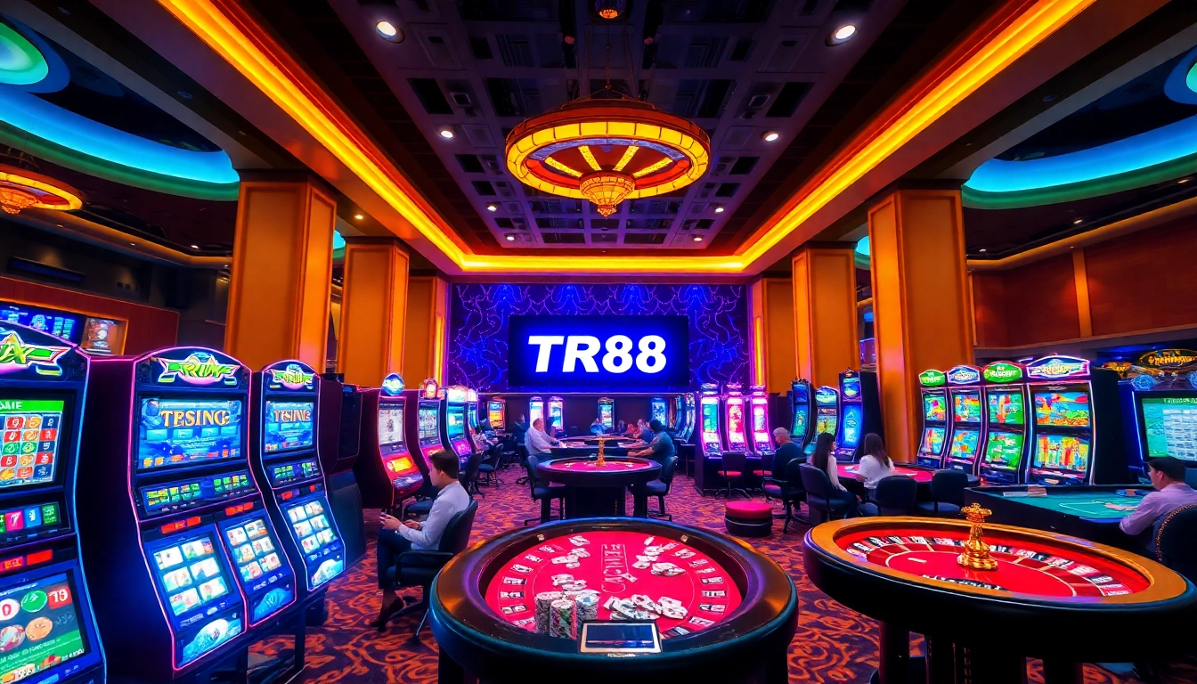 Players enjoying immersive gaming experiences at TR88 casino with vibrant slot machines and poker tables.