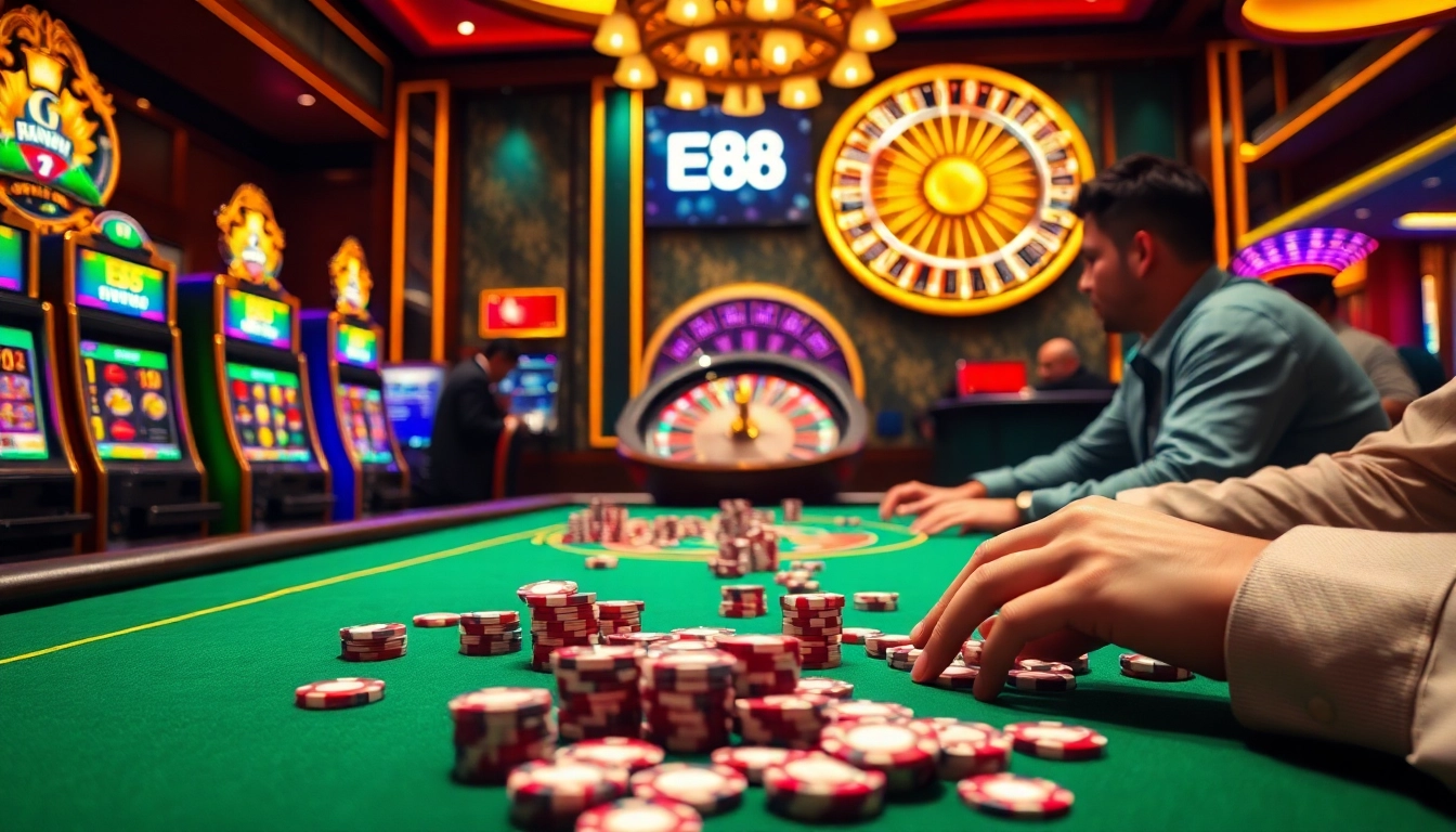 Experience thrilling gambling action at EE88's exciting casino environment with vibrant tables and games.