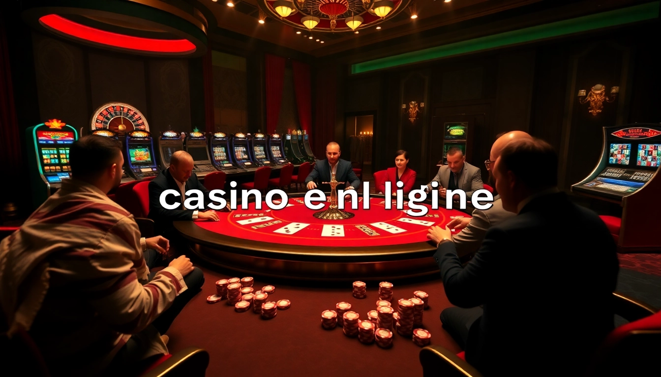 Vivez l'excitation dans un casino en ligne avec des joueurs à une table de poker et des machines à sous vibrantes.