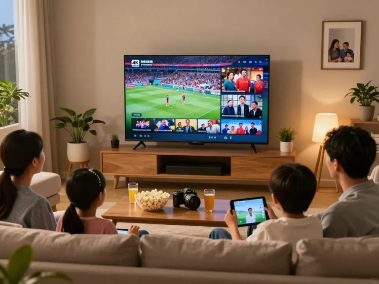 Gezin geniet van IPTV TV in een gezellige woonkamer met 4K kwaliteit streaming.