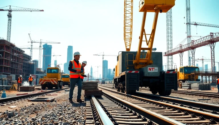 Railroad Contractors collaborating on construction, showcasing teamwork and industrial activity.