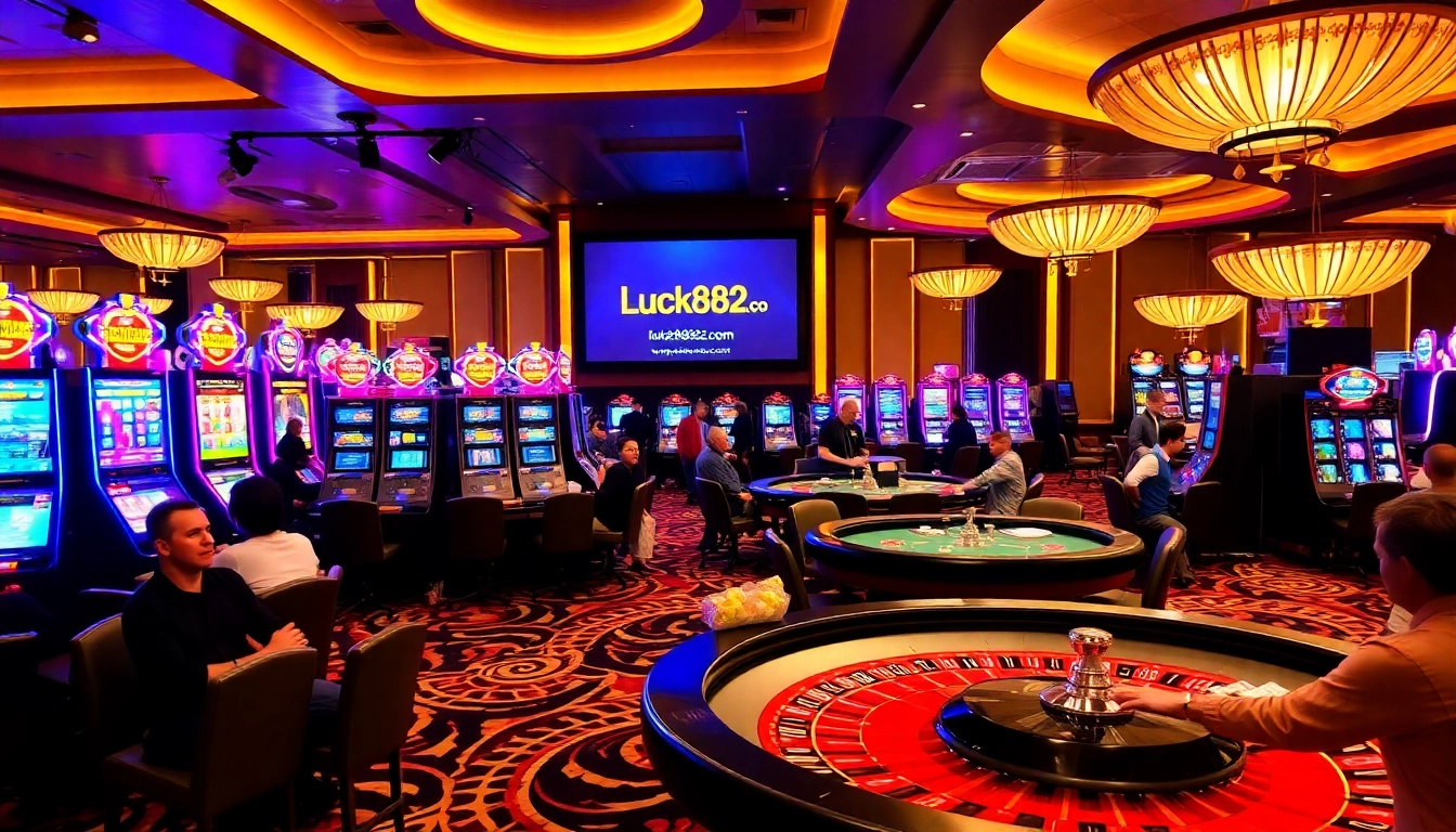 A dynamic gambling environment showcasing vibrant games at https://luck882.co.com/ with engaged players and luxurious decor.