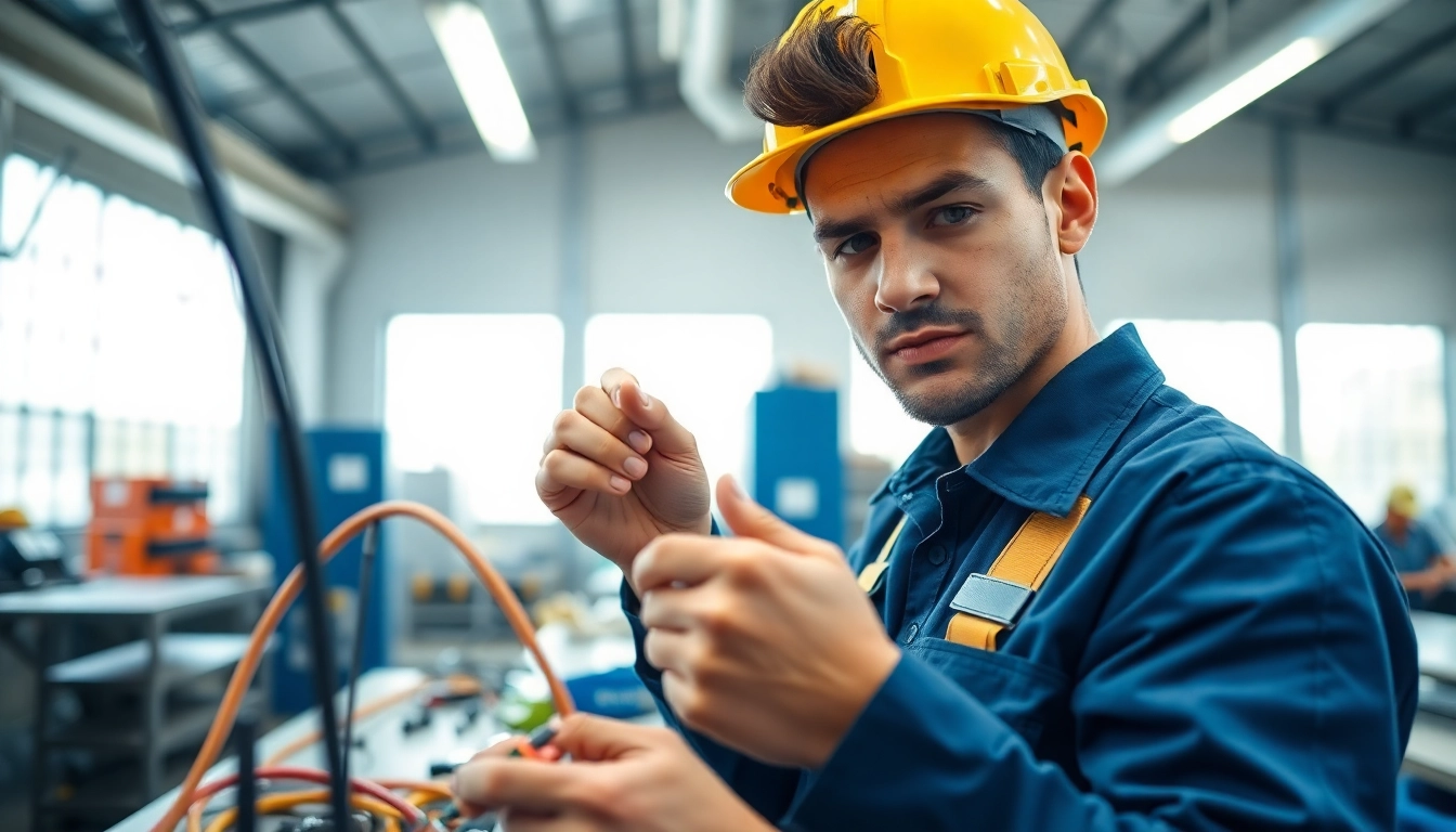 Engaged in electrician apprenticeship, a professional focuses on wiring in a bright workshop.