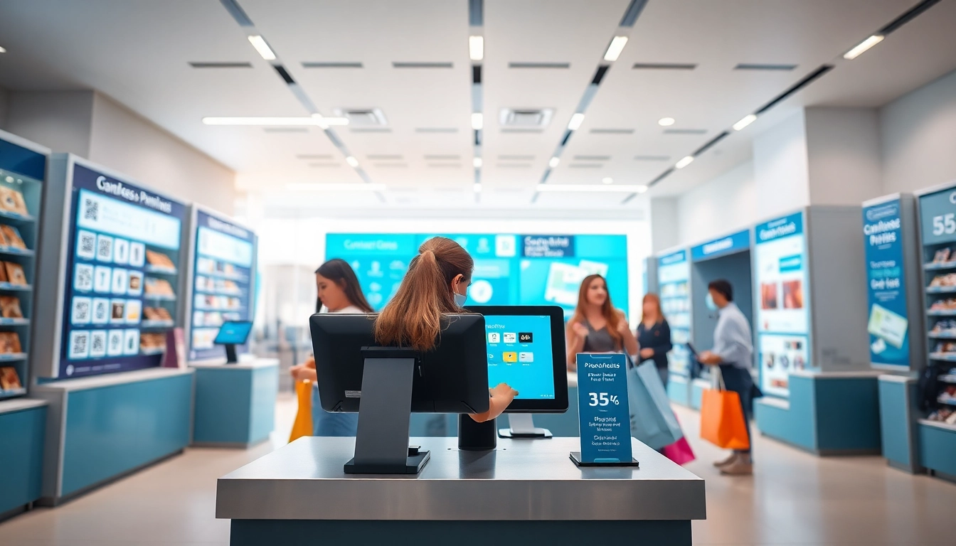 最新のPOSシステムを活用した小売店環境でのキャッシュレス決済。効率性と革新性を示す様子。