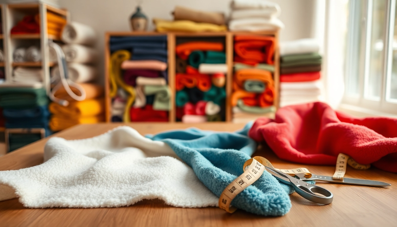 Bekijk fleece stof per meter met verschillende kleuren en texturen op een houten tafel.