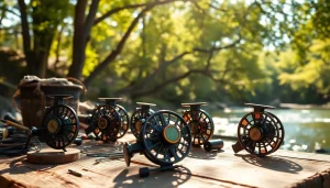 Showcasing the best fly fishing reels on a wooden table surrounded by fishing tackle and nature.