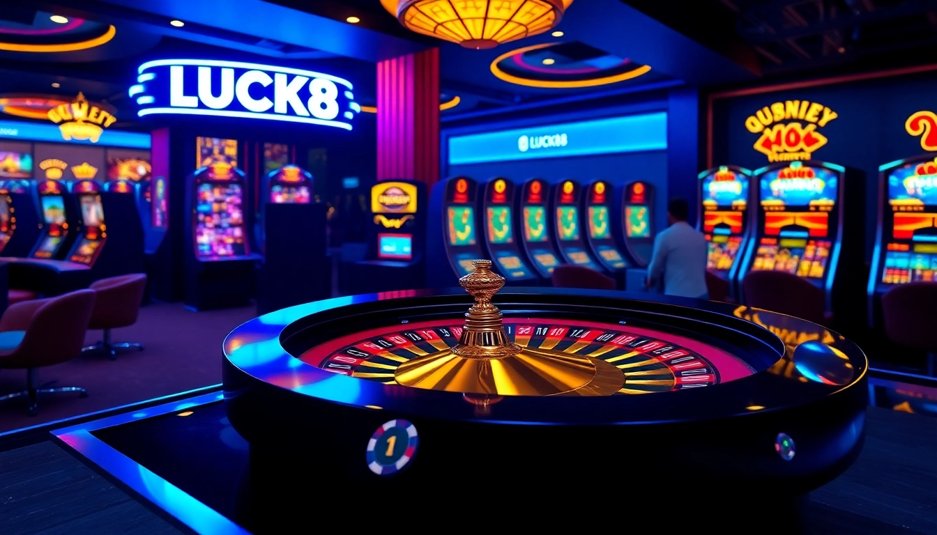 LUCK8 online gaming scene with a vibrant roulette wheel, poker chips, and digital slot machines.