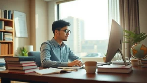 TOEFL test takers for hire studying in a modern environment with focus and determination.