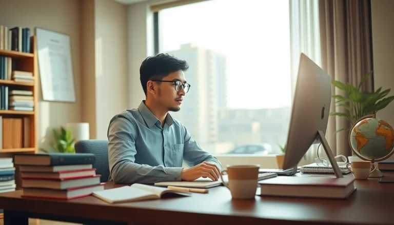 TOEFL test takers for hire studying in a modern environment with focus and determination.