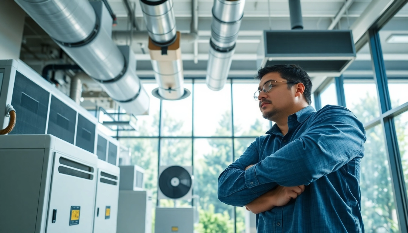 Inspecting commercial HVAC system demonstrating efficiency and reliability in a modern space.