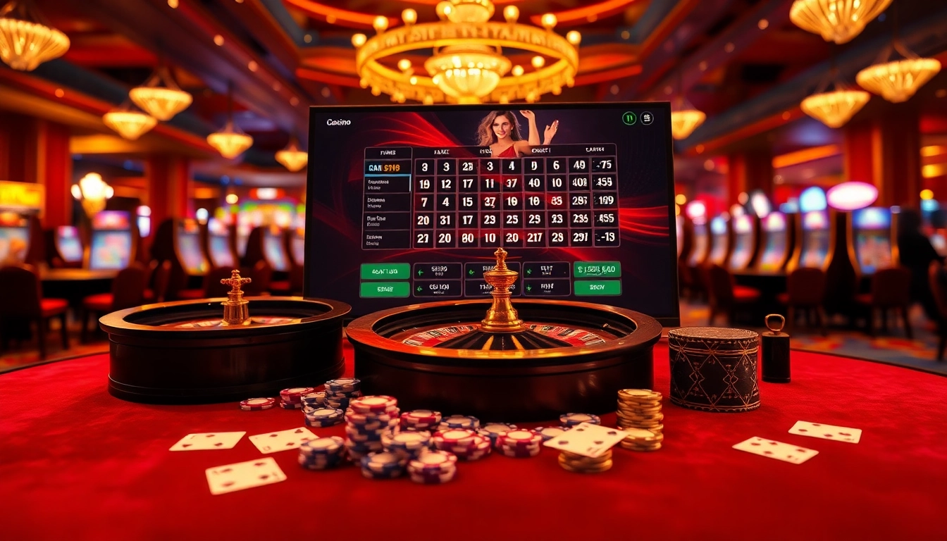 Profitez d'une scène engageante de jeu de casino en ligne mettant en avant des éléments glamours de roulette et de poker.