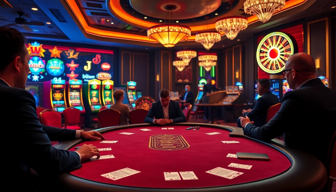 Une session palpitante dans un casino en ligne avec des joueurs engagés dans le poker, mettant en valeur une décoration vibrante et de l'excitation.