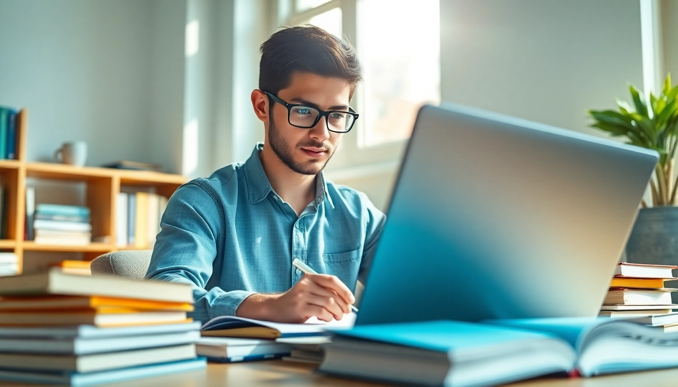 Engaged student utilizing exam assistance resources in a well-lit study setup.
