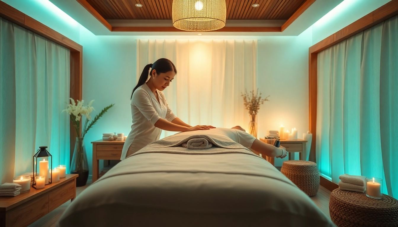 편안한 스파 환경을 보여주는 이완 마사지 요법 장면.