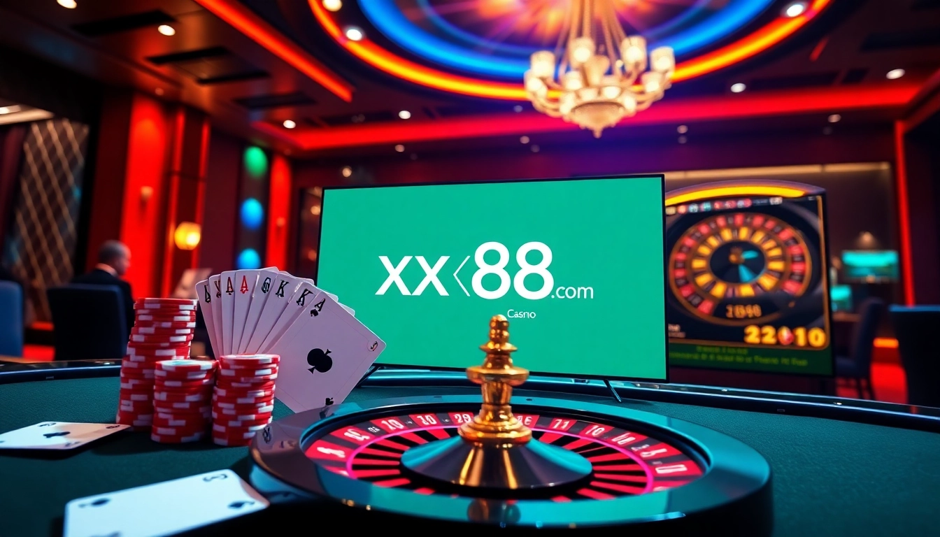 Experience the thrill of xx88com with vibrant casino visuals featuring poker chips and a roulette wheel.