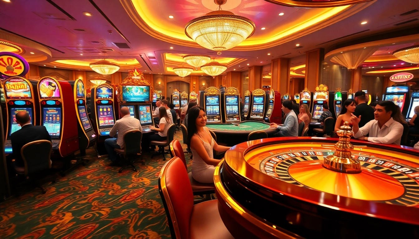 Players enjoying thrilling slot games in a luxurious casino setting with vibrant machines.