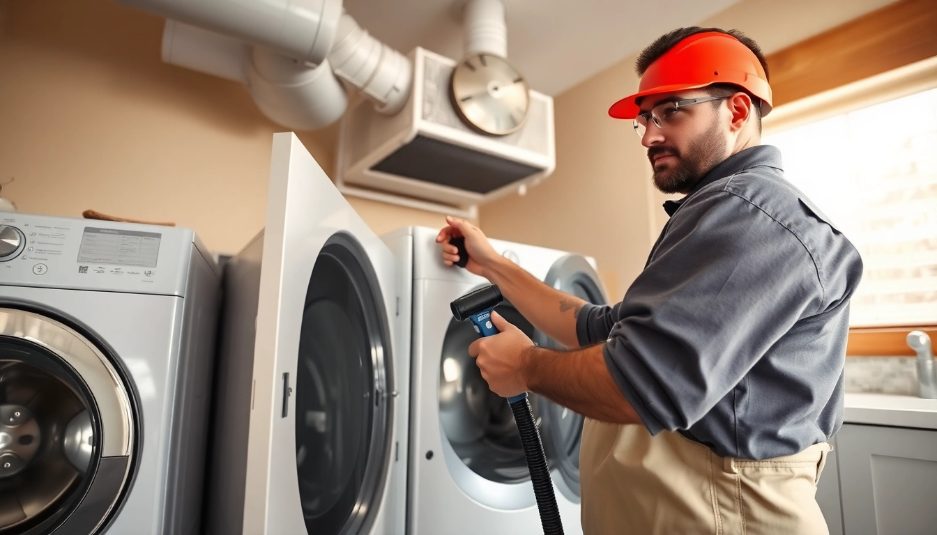 Technician conducting Dryer Vent Cleaning with professional tools, ensuring safety and air quality.
