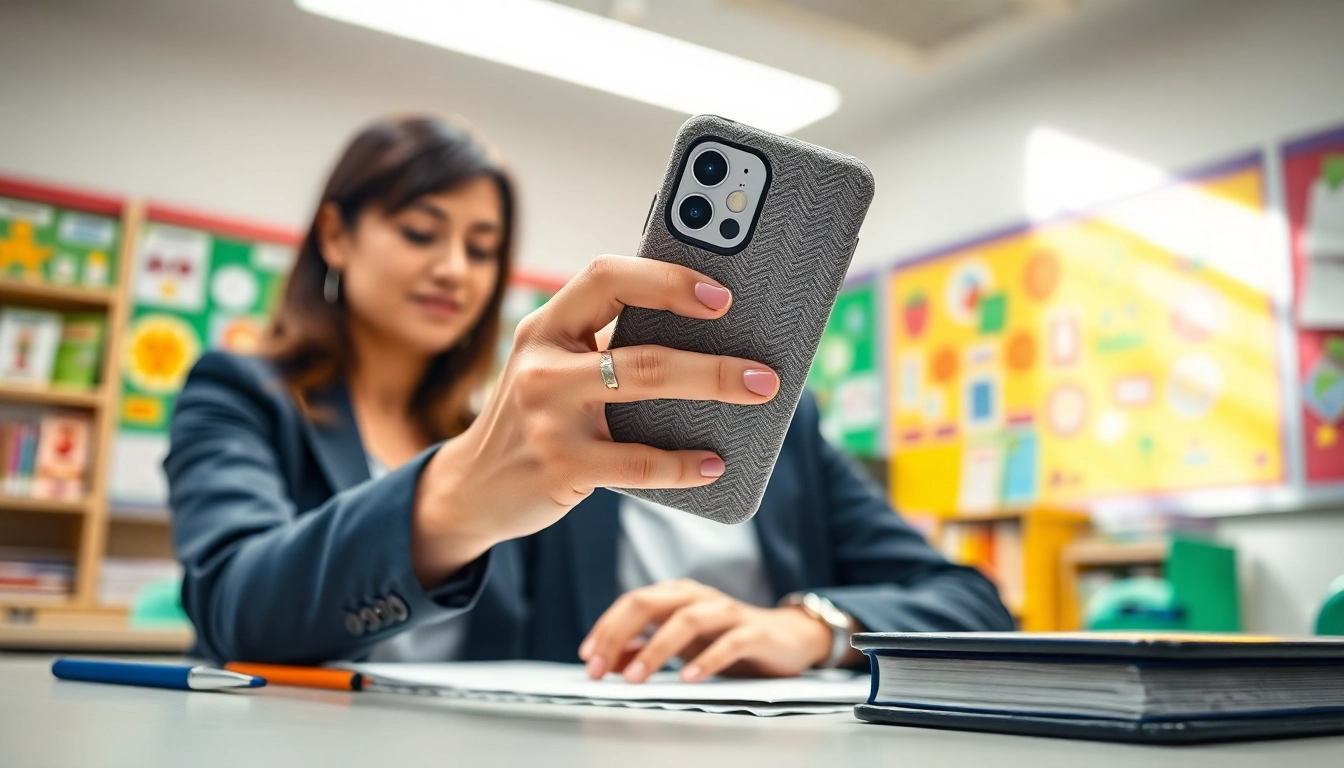 Handytasche Lehrer präsentiert modisches Design im Klassenzimmer mit kreativem Flair.