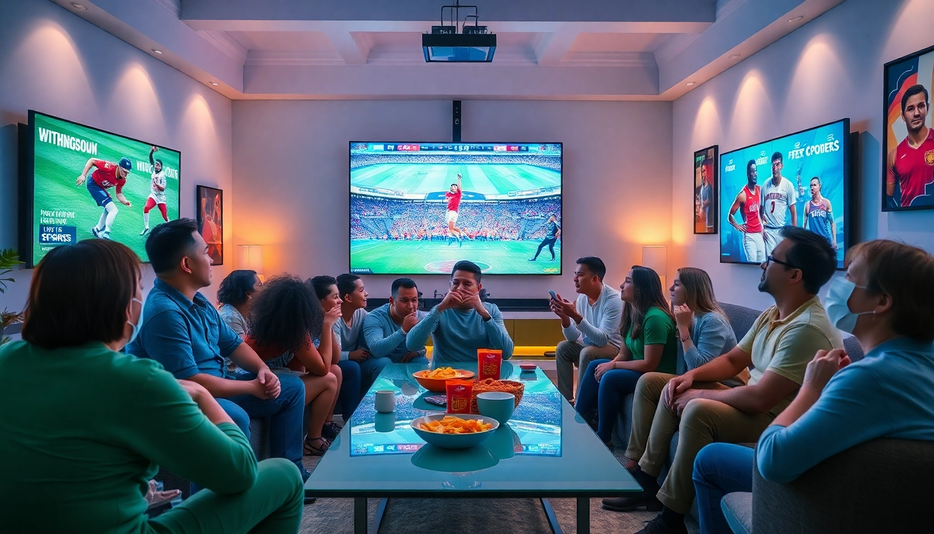 Viewers enjoying high-definition sports broadcasts with 토토티비 in a lively atmosphere.