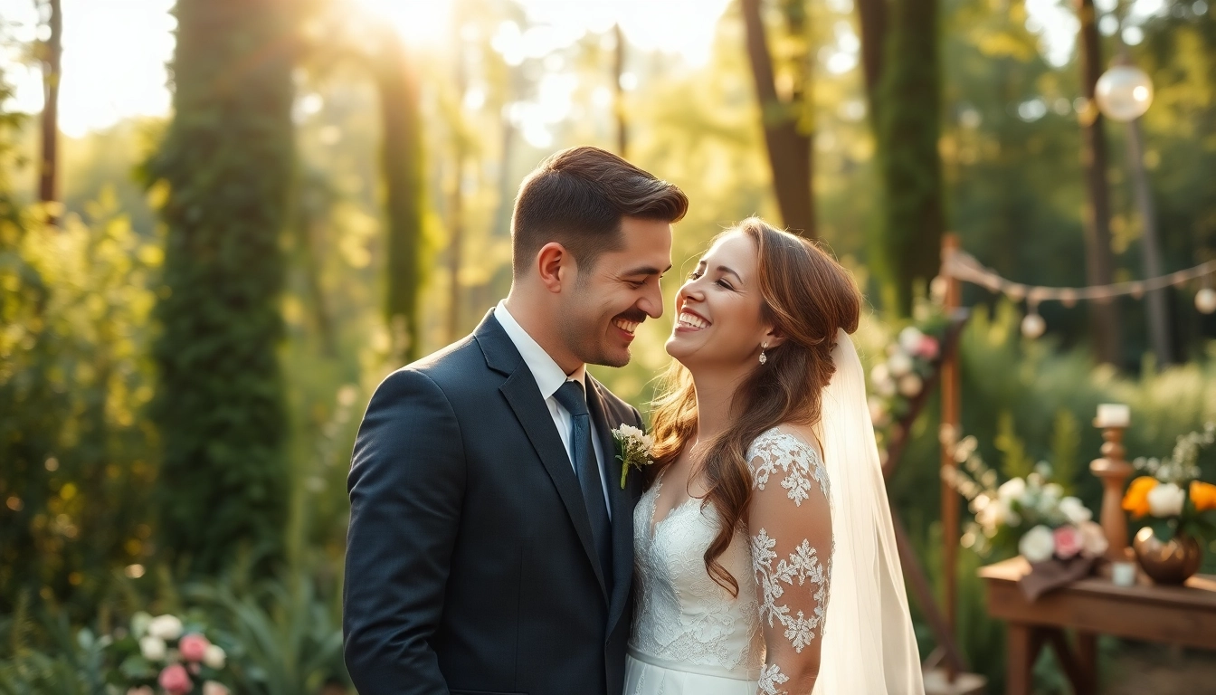Wedding photographer capturing a joyful couple in a romantic outdoor setting.