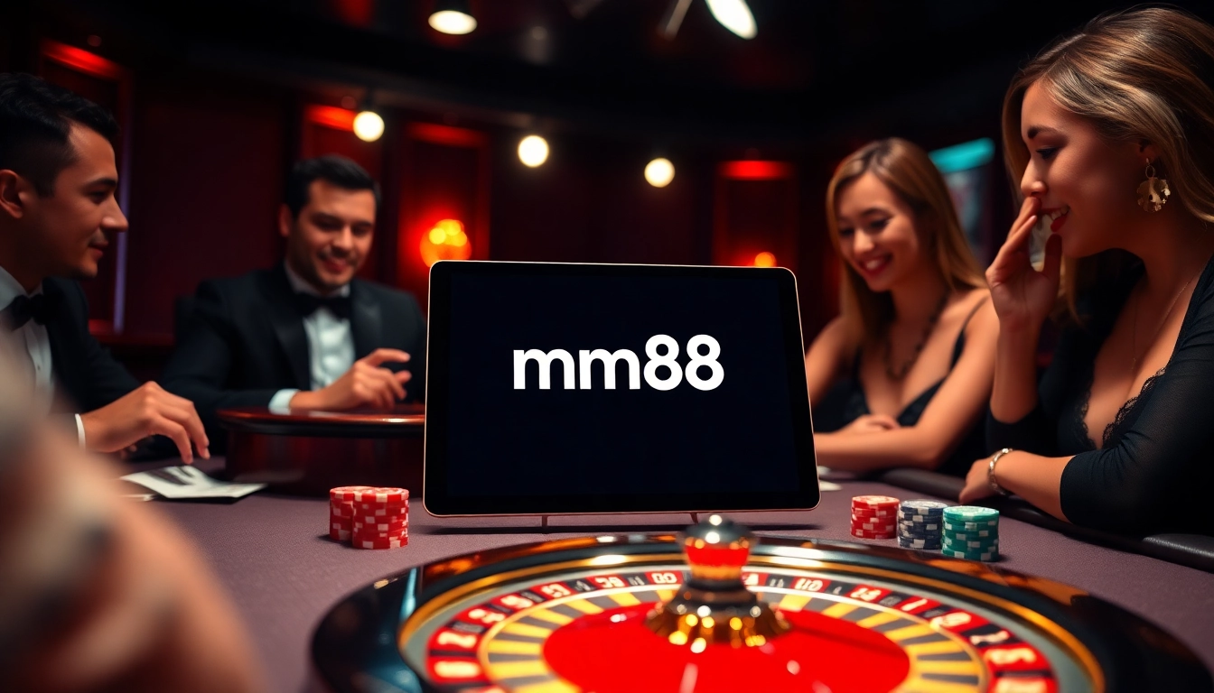 Experience the thrill of mm88 with a vibrant casino table showcasing roulette, poker chips, and gaming excitement.