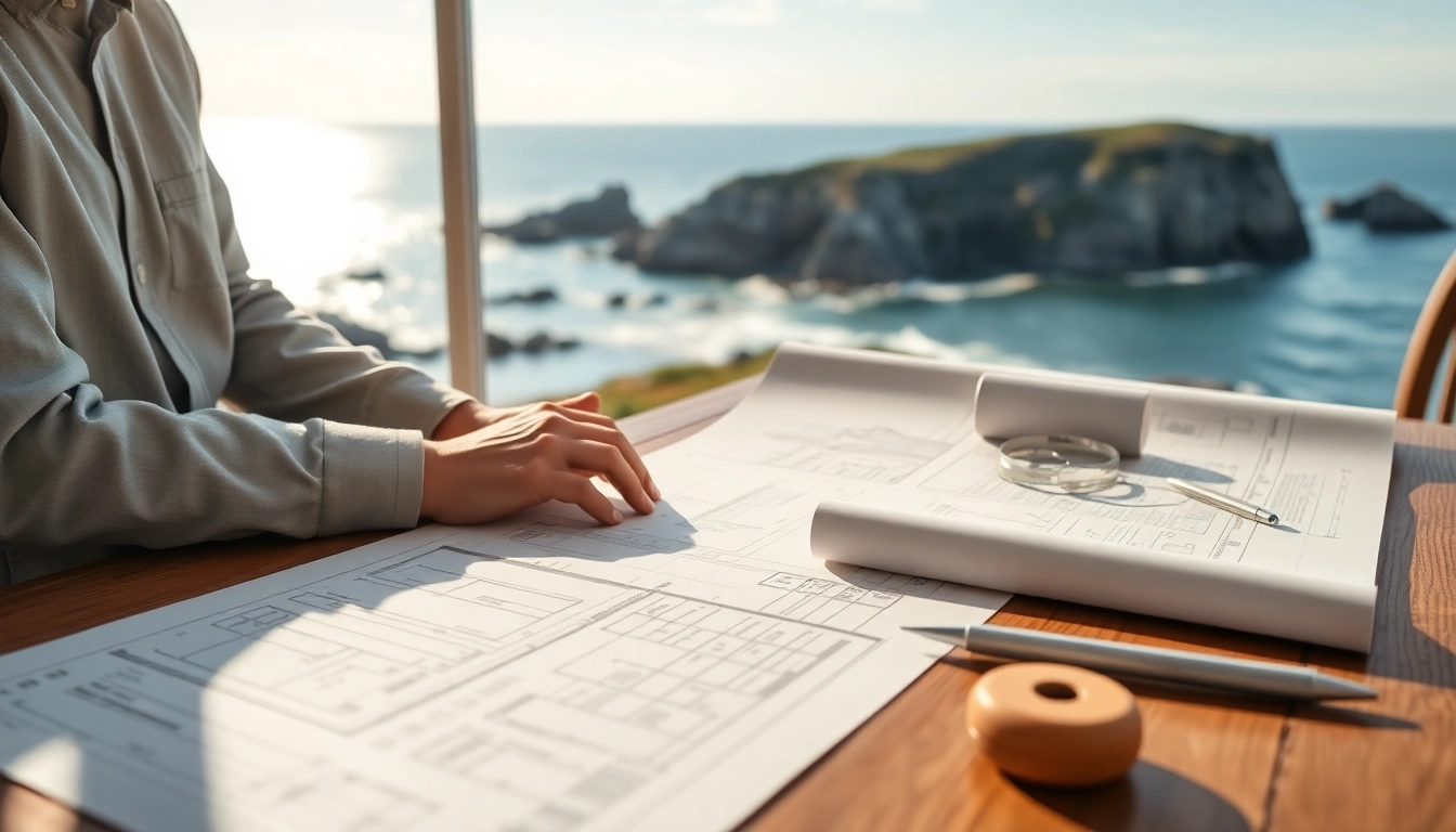 New England residential architect designing homes with coastal views and blueprints.